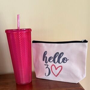 New Pink Plastic Travel Tumbler & 'Hello 30' Pink Accent Cosmetic Pouch Set